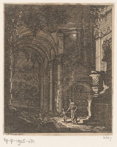 Dos figuras iluminan unas antiguas ruinas con una antorcha
Ruinas y edificios antiguos (título de la serie)
Alcune Inventione de Ruini et Architectura (...) (título de la serie) de Johann Oswald Harms