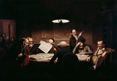 "La sala de lectura" Hombres alrededor de una mesa poco iluminada leyendo la prensa - Pintura de Johann Peter Hasenclever (1810-1853) 1843 Staatliche Museen, Berlín de Johann Peter Hasenclever