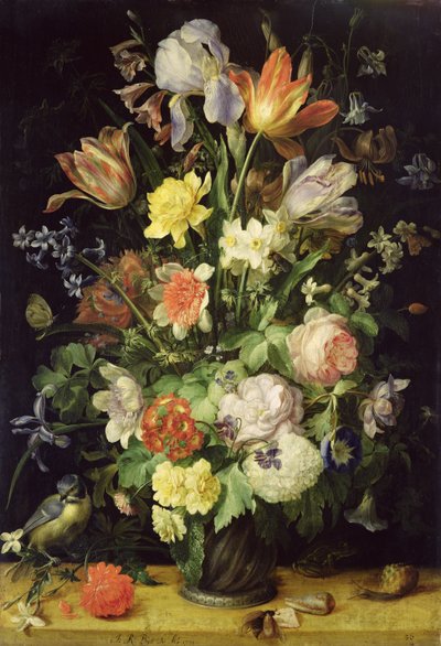 Naturaleza muerta con flores y herrerillo común de Johann Rudolf Byss
