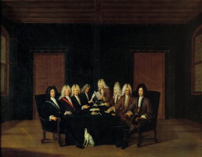 Guerra de Sucesión Española: Los plenipotenciarios reunidos alrededor del Mariscal Duque de Villars y el Príncipe Eugenio de Saboya-Carignan en el Congreso de Paz en Borden, el 7/09/1714 de Johann Rudolph the Elder Huber