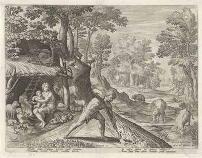 Adán y Eva trabajando fuera de Paradise Earth Historia de la familia de Caín / Sobre las buenas y malas obras (título de la serie) Boni et mali scientia (título de la serie) de Johann Sadeler (I)