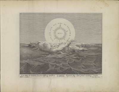 Primer día de la creación: separación de la luz y las tinieblas
Creación del mundo (título de la serie)
Theatrum Biblicum Hoc Est Historiae Sacrae Veteris et Novi Testamenti Tabulis Aeneis Expressae (título de la serie) de Johann Sadeler (I)
