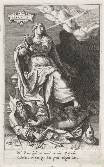 La Oración (Precatio) Vence la Hipocresía (Fucus) Precatio (título sobre objeto) Las virtudes conquistan los vicios (título de la serie) de Johann Sadeler (I)
