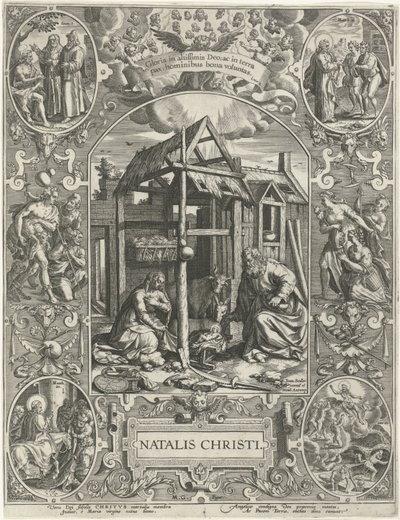 Natividad: Navidad Natalis Christi (título sobre objeto) Las cuatro fiestas cristianas más importantes (título de la serie) de Johann Sadeler (I)