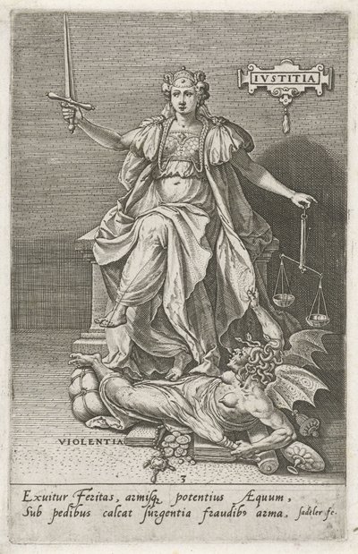 La justicia (Justitia) vence a la violencia (Violentia) Justicia (título sobre objeto) Las virtudes conquistan los vicios (título de la serie) de Johann Sadeler (I)