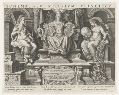 Autoridad (Potestas), Prestigio (Nobilitas) y Benevolencia (Liberalitas) Impresión de título para una serie sobre las cualidades de un príncipe Principales actividades de un príncipe (título de la serie) Schema, seu speculum principum (título de la serie)  de Johann Sadeler (I)