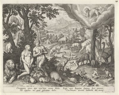 Dios Padre bendice a Adán, Eva y los animales Creación del mundo (título de la serie) de Johann Sadeler (I)