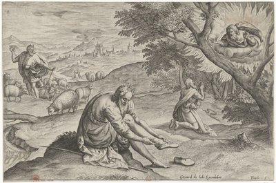 Dios se aparece a Moisés en la zarza ardiente Historia de Moisés antes del Éxodo (título de la serie) Historia plagarum en Aegijpto (título de la serie) de Johann Sadeler (I)