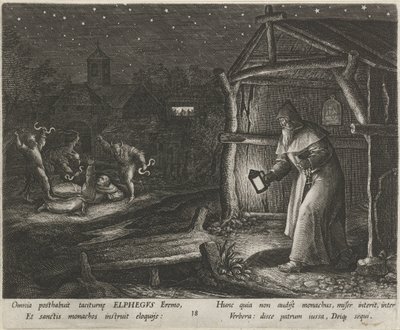 San Alfego de Canterbury como ermitaño La vida virtuosa de los ermitaños (título de la serie) Trophaeum vitae solitariae (título de la serie) de Johann Sadeler (I)