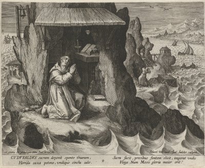 San Gudwal de Gales como ermitaño La vida virtuosa de los ermitaños (título de la serie) Trophaeum vitae solitariae (título de la serie) de Johann Sadeler (I)
