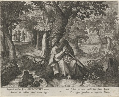 San Suatacopio como Ermitaño La vida virtuosa de los ermitaños (título de la serie) Trophaeum vitae solitariae (título de la serie) de Johann Sadeler (I)