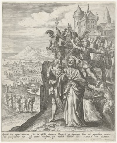 Habitantes de Nazaret expulsan a Cristo de la ciudad Escenas del Nuevo Testamento (título de la serie) de Johann Sadeler (I)