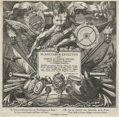 Júpiter en un oorlogsschip met het wapen van Alessandro Farnese Titelprent van een prentserie over de influence van de planeten over streken Efectos de los planetas y sus signos en el zodíaco (título de la serie) Planetarvm effectvs y eorvm en los signos d de Johann Sadeler (I)