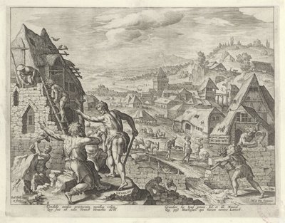 Caín construye la ciudad de Enoc Historia de la familia de Caín / Sobre las buenas y malas obras (título de la serie) Boni et mali scientia (título de la serie) de Johann Sadeler (I)