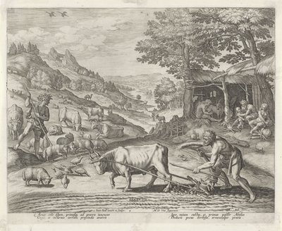 Caín y Abel como granjero y pastor Historia de la familia de Caín / Sobre las buenas y malas obras (título de la serie) Boni et mali scientia (título de la serie) de Johann Sadeler (I)