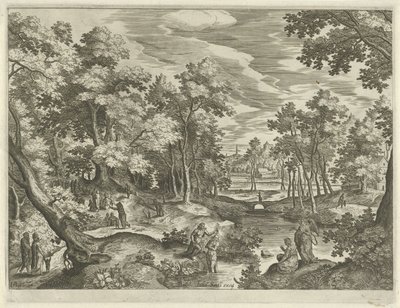 Paisaje con el Bautismo de Cristo Paisajes con escenas del Antiguo y Nuevo Testamento (título de serie) de Johann Sadeler (I)