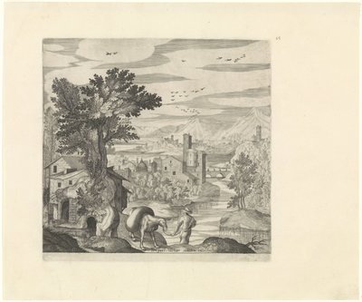 Paisaje con un granjero y su burro. Paisajes italianos (título de la serie) de Johann Sadeler (I)