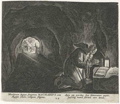 Macario de Egipto como ermitaño Ermitaños masculinos (título de la serie) Solitudo Sive Vitae Patrum Eremicolarum (título de la serie) de Johann Sadeler (I)