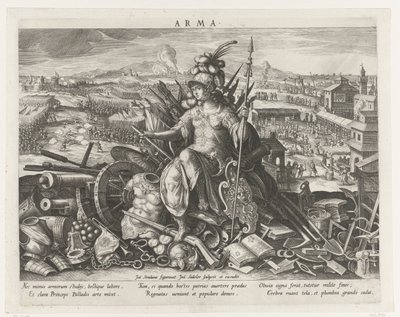Minerva como patrona del arte marcial Arma (título sobre objeto) Principales actividades de un príncipe (título de la serie) Schema, seu speculum principum (título de la serie) de Johann Sadeler (I)