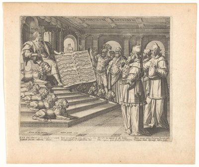 Impresión de motete y portada con Salomón como compositor del Cantar de los Cantares Canticum Canticorum (título sobre objeto) Canción de Salomón (título de la serie) de Johann Sadeler (I)