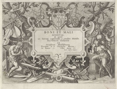 Marco ornamental con Adán y Eva Historia de la familia de Caín / Sobre las buenas y malas obras (título de la serie) Boni et mali scientia (título de la serie sobre el objeto) de Johann Sadeler (I)