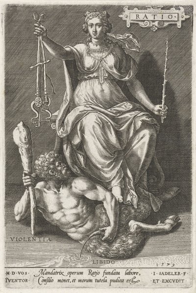 Razón (Ratio) vence a Violentia (Violentia) Ratio (título sobre objeto) Las virtudes conquistan los vicios (título de la serie) de Johann Sadeler (I)