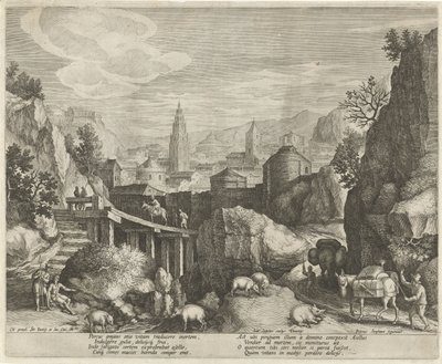 Paisaje rocoso con la fábula del burro y el jabalí Emblemas en un paisaje (título de la serie) de Johann Sadeler (I)