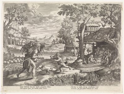 Set saluda a Adam a su regreso del campo. Historia de la familia de Set / Juzgando lo bueno y lo malo (título de la serie) Bonorum et Malorum consensio (título de la serie) de Johann Sadeler (I)