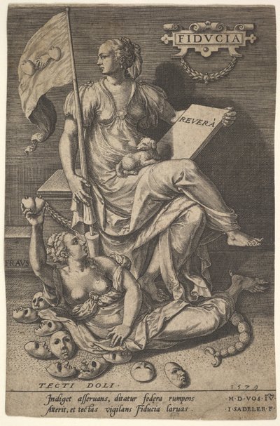 Fiducia, una mujer sentada sostiene un libro y una bandera mientras gira la cabeza alejándose de un desnudo, 1579 de Johann Sadeler I
