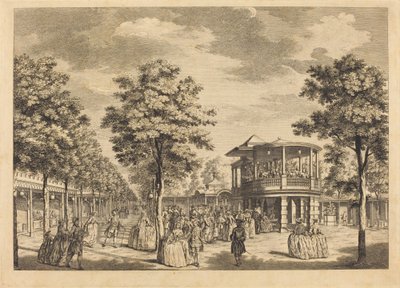 Jardines de Vauxhall mostrando el Gran Paseo en la entrada del jardín y la orquesta con música tocando de Johann Sebastian Müller after Samuel Wale
