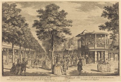 Jardines de Vauxhall mostrando el Gran Paseo en la entrada del jardín y la orquesta con música tocando de Johann Sebastian Müller after Samuel Wale