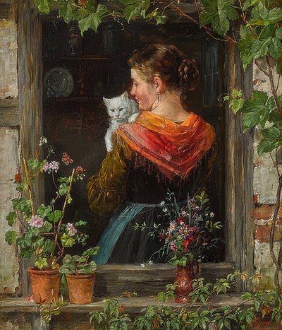 Joven mujer con gato de Johann Sperl