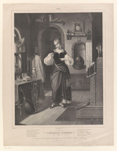 Interior con mujer con anillo en la mano. Töchterlein de Goldschmied (título sobre objeto) La hija del orfebre (título de la serie) de Johann Sprick