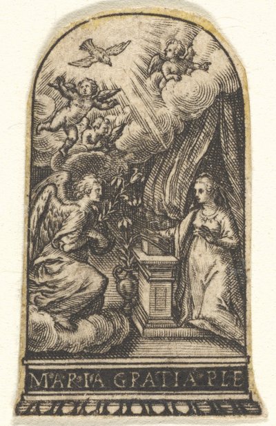 Anunciación, María arrodillada en un atril mientras Gabriel se acerca en una nube de Johann Theodor de Bry