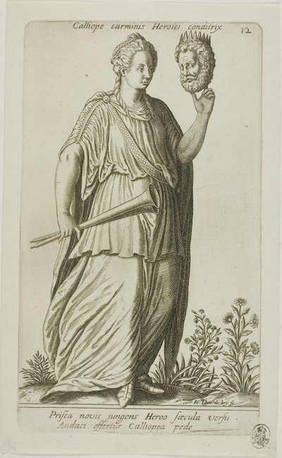Calíope, musa de la poesía épica, lámina 12 de Parnassus Biceps de Johann Theodor de Bry