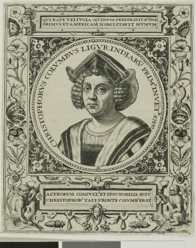 Cristóbal Colón, frontispicio del volumen 5 de América de Theodor de Bry de Johann Theodor de Bry