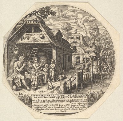 Enoc y su familia alrededor de una mesa de comida y sosteniendo sus manos en un gesto, ca. 1580-1623 de Johann Theodor de Bry