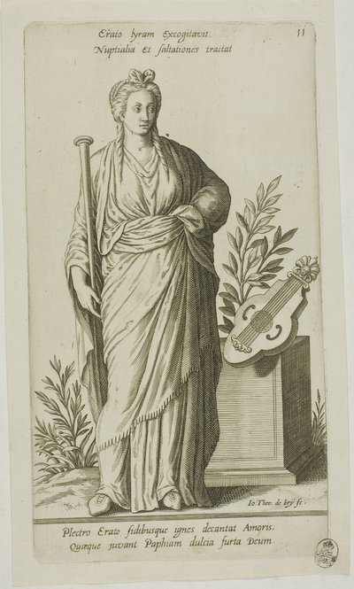 Erato, Musa de la Poesía Lírica, placa 11 de Parnassus Biceps de Johann Theodor de Bry