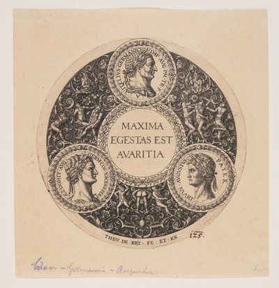 Maxima Egestas Est Avaritia, Diseño para un plato con pie de Johann Theodor de Bry