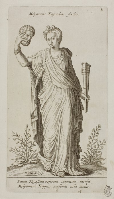 Melpómene, Musa de la Tragedia, lámina 8 del Bíceps del Parnaso de Johann Theodor de Bry