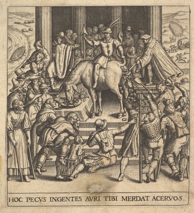 Hombres recogiendo estiércol caído de las ancas de una mula, con un jinete sentado, 1592-1614 de Johann Theodor de Bry