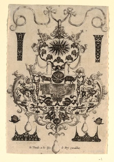 Diseño de Colgante con la Tentación, Placa 1, de una serie de ocho diseños de colgantes con las virtudes cardinales de Johann Theodor de Bry