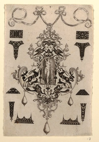 Diseño de colgante con la virtud de la esperanza, Placa 3, de una serie de ocho diseños de colgantes con las virtudes cardinales de Johann Theodor de Bry