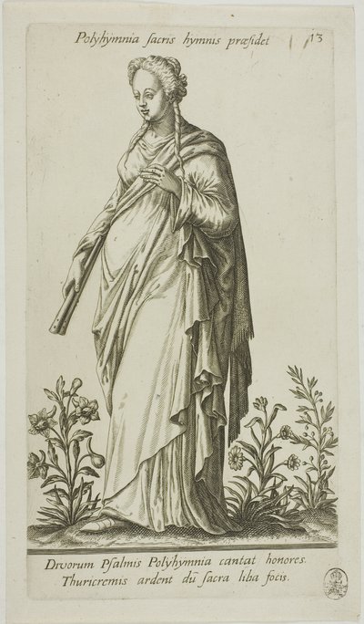 Polyhymnia, Musa de los Himnos, placa 13 de Parnassus Biceps de Johann Theodor de Bry