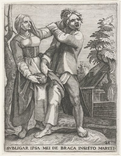 Strijd om de broek ME ATARE A LOS PANTALONES INSISTENTES DE MI MARIDO (título sobre el objeto) Emblemas seculares, 1596 (título de la serie) de Johann Theodor de Bry