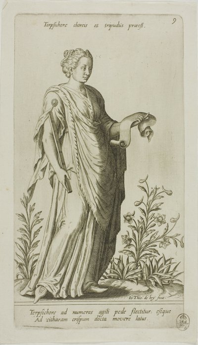 Terpsícore, Musa de la Danza, placa 9 de Parnassus Biceps de Johann Theodor de Bry