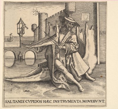 El hombre rico tocando el violín en una mandíbula de Johann Theodor de Bry