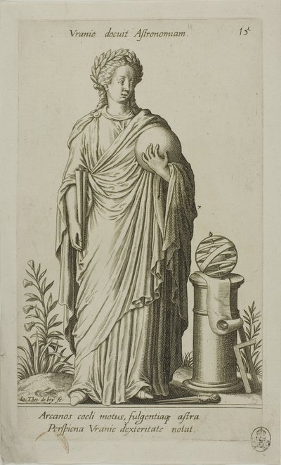 Urania, musa de la astronomía, lámina 15 de Parnassus Biceps de Johann Theodor de Bry