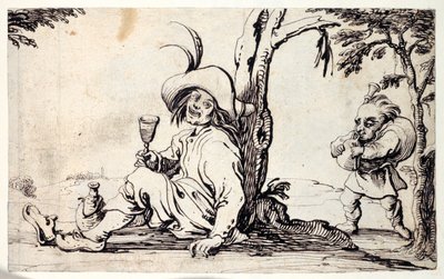 Campesino sentado refrescándose y un enano con gaitas de Johann Wilhelm Baur