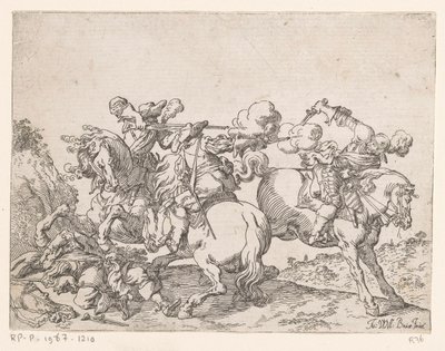 Dos mosqueteros a caballo disparan a un jinete Escenas de batalla (título de la serie) Capricci di varie battaglie (título de la serie) de Johann Wilhelm Baur